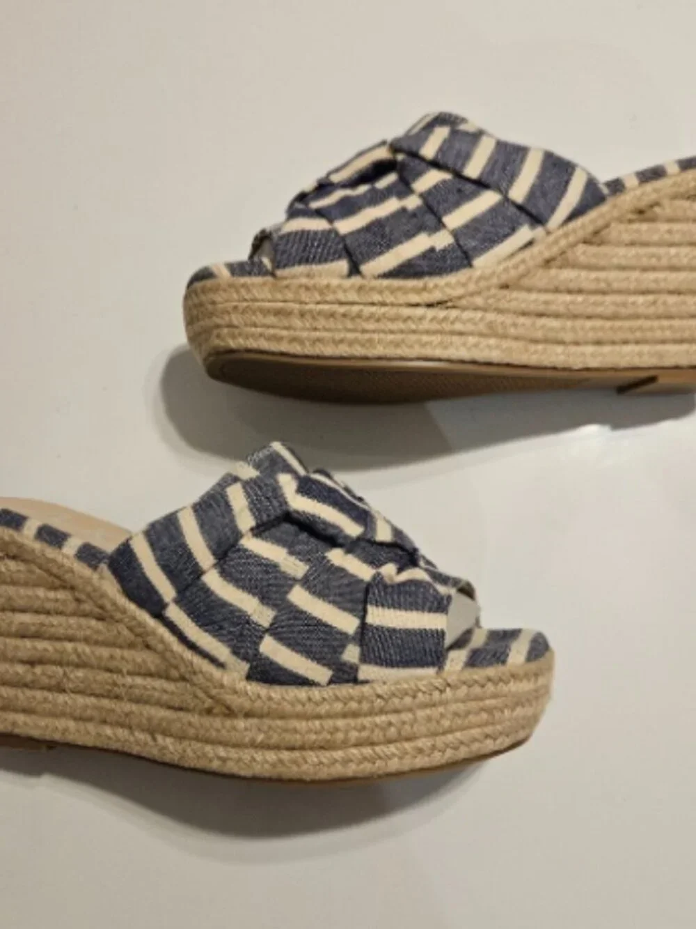 Sugar I Wedge Jute, Canvas Twist Blue and White/Cream Stripe Wedge Sandals 8.5